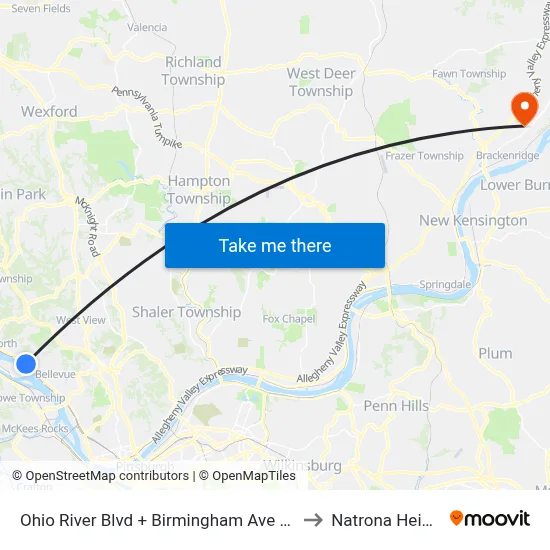 Ohio River Blvd + Birmingham Ave Bridge to Natrona Heights map