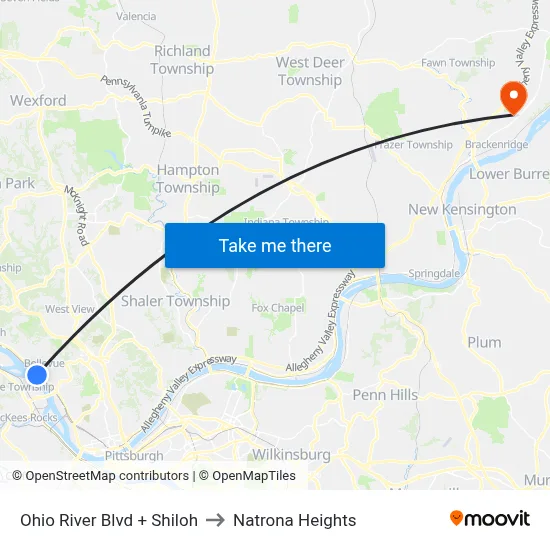 Ohio River Blvd + Shiloh to Natrona Heights map