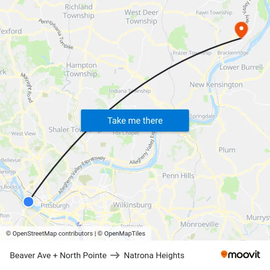 Beaver Ave + North Pointe to Natrona Heights map