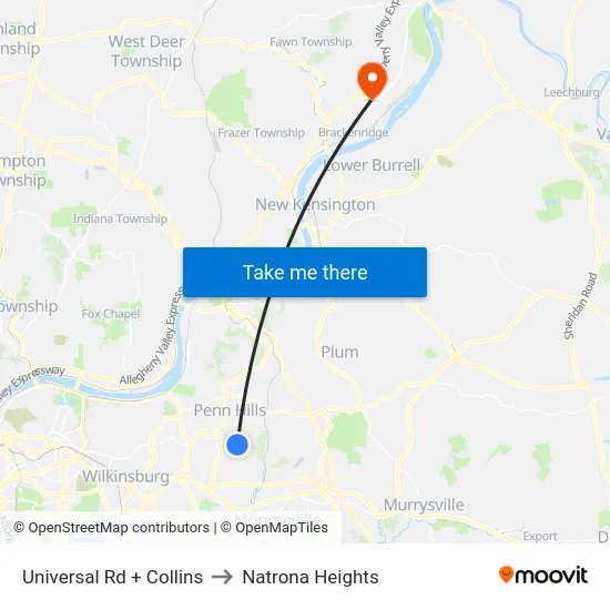 Universal Rd + Collins to Natrona Heights map