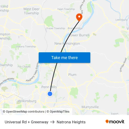 Universal Rd + Greenway to Natrona Heights map