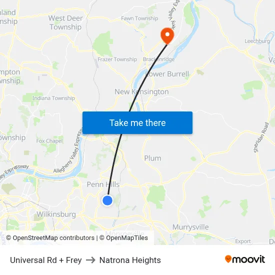 Universal Rd + Frey to Natrona Heights map