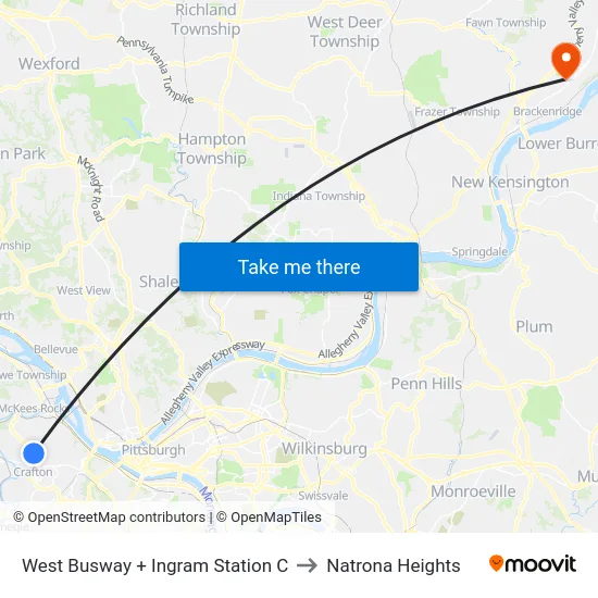 West Busway + Ingram Station C to Natrona Heights map
