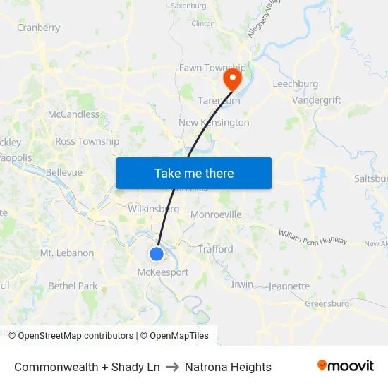 Commonwealth + Shady Ln to Natrona Heights map