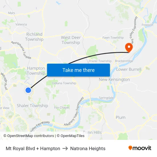 Mt Royal Blvd + Hampton to Natrona Heights map