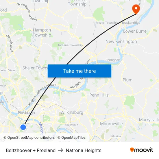 Beltzhoover + Freeland to Natrona Heights map