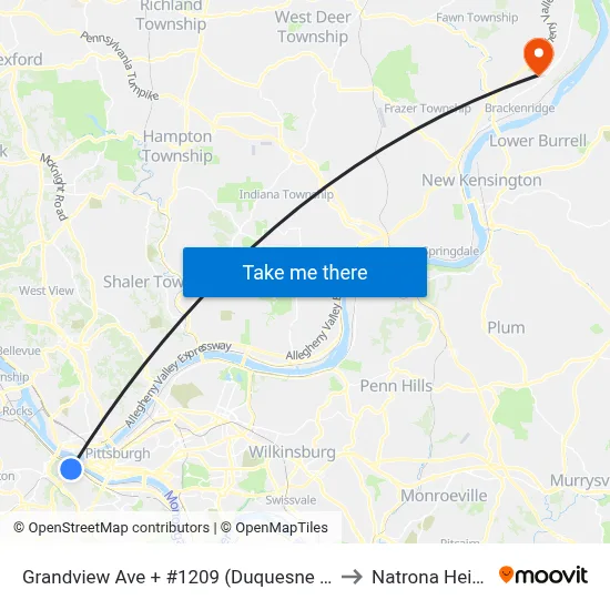 Grandview Ave + #1209 (Duquesne Incline) to Natrona Heights map