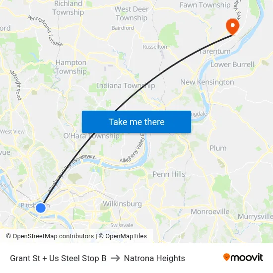 Grant St + Us Steel Stop B to Natrona Heights map
