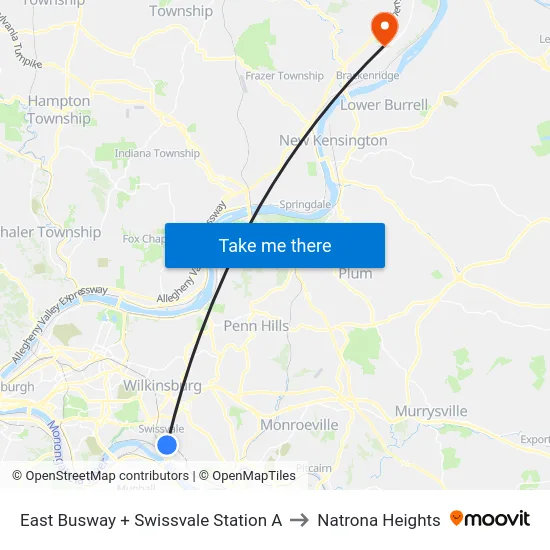 East Busway + Swissvale Station A to Natrona Heights map