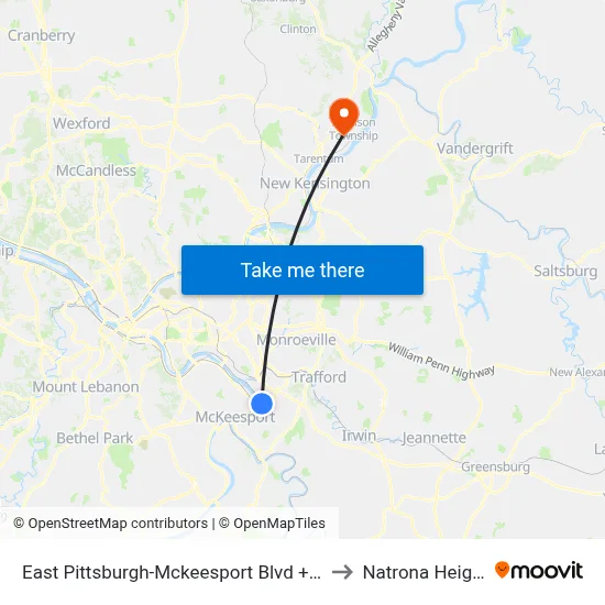 East Pittsburgh-Mckeesport Blvd + Orris to Natrona Heights map
