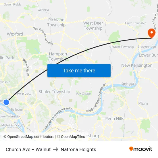 Church Ave + Walnut to Natrona Heights map