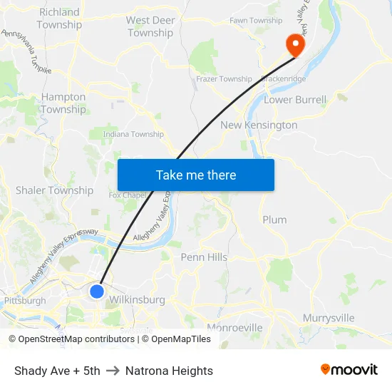 Shady Ave + 5th to Natrona Heights map