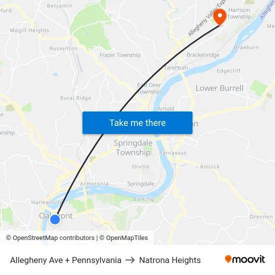 Allegheny Ave + Pennsylvania to Natrona Heights map