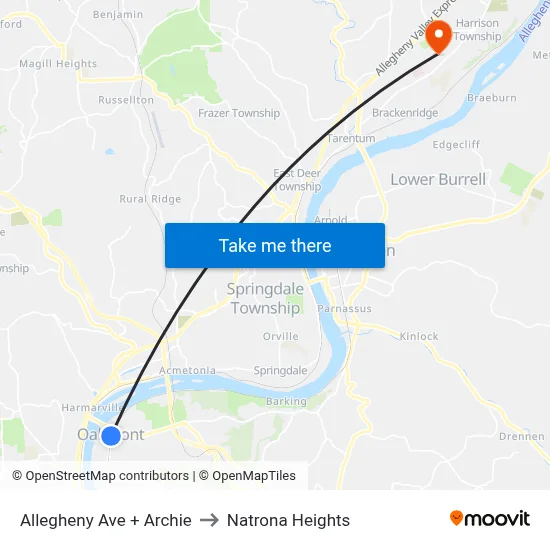 Allegheny Ave + Archie to Natrona Heights map