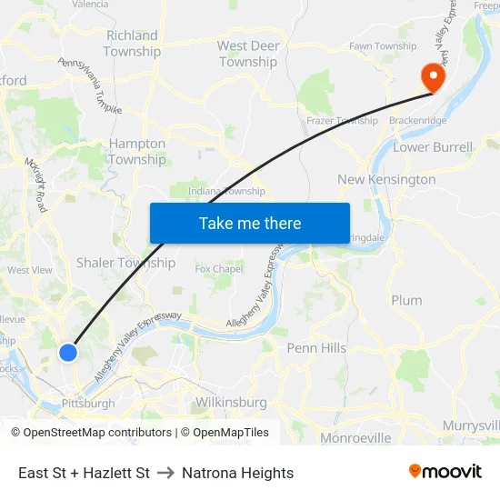 East St + Hazlett St to Natrona Heights map