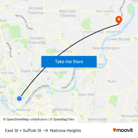 East St + Suffolk St to Natrona Heights map