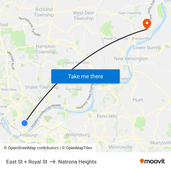 East St + Royal St to Natrona Heights map