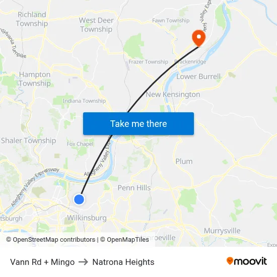Vann Rd + Mingo to Natrona Heights map