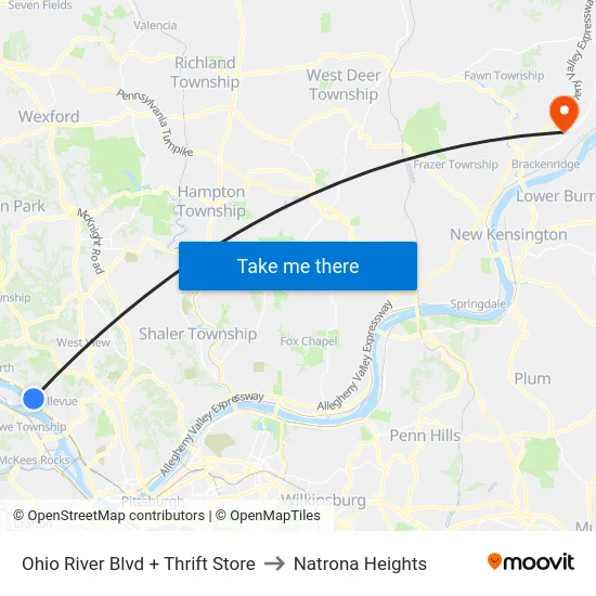 Ohio River Blvd + Thrift Store to Natrona Heights map