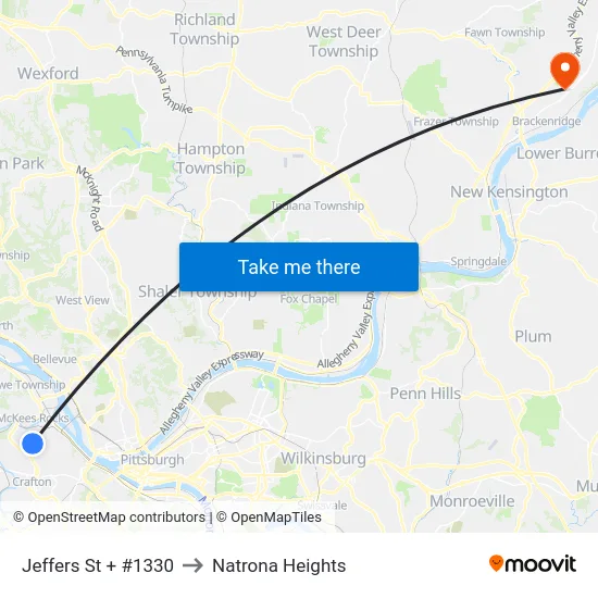 Jeffers St + #1330 to Natrona Heights map
