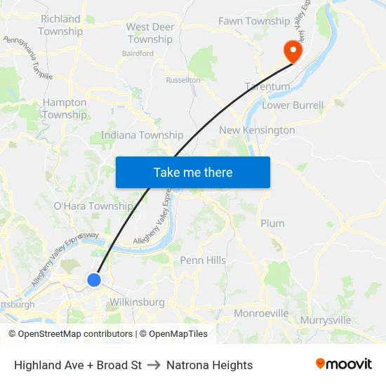 Highland Ave + Broad St to Natrona Heights map