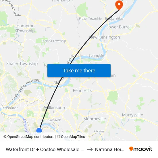 Waterfront Dr + Costco Wholesale Drvwy to Natrona Heights map