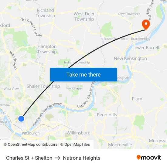 Charles St + Shelton to Natrona Heights map