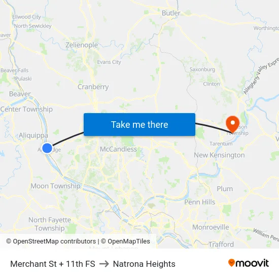 Merchant St + 11th FS to Natrona Heights map