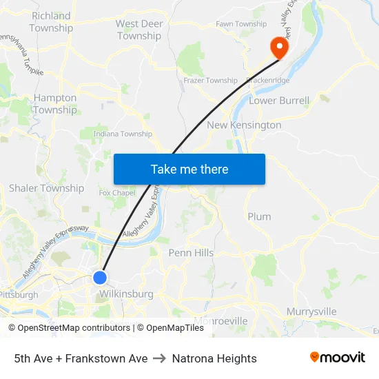 5th Ave + Frankstown Ave to Natrona Heights map