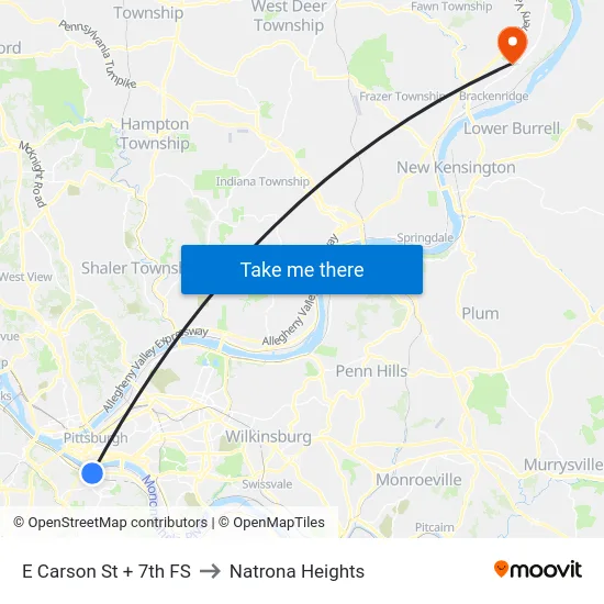 E Carson St + 7th FS to Natrona Heights map