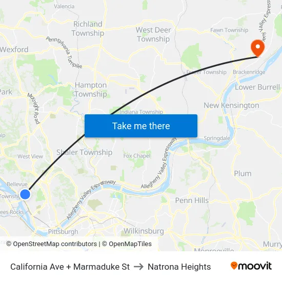 California Ave + Marmaduke St to Natrona Heights map