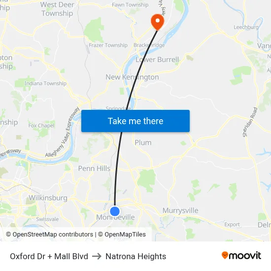 Oxford Dr + Mall Blvd to Natrona Heights map