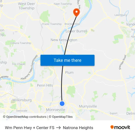 Wm Penn Hwy + Center FS to Natrona Heights map
