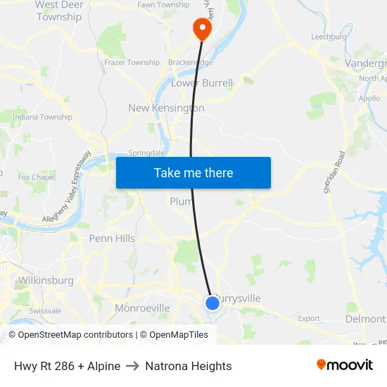 Hwy Rt 286 + Alpine to Natrona Heights map