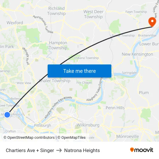 Chartiers Ave + Singer to Natrona Heights map