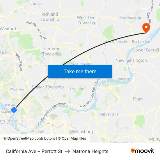 California Ave + Perrott St to Natrona Heights map