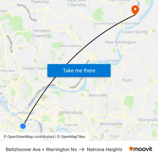 Beltzhoover Ave + Warrington Ns to Natrona Heights map