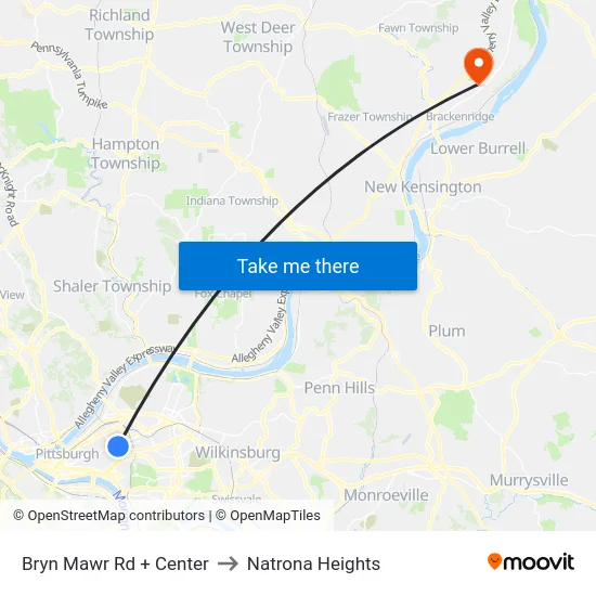 Bryn Mawr Rd + Center to Natrona Heights map