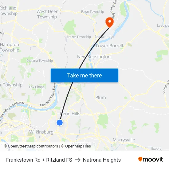 Frankstown Rd + Ritzland FS to Natrona Heights map