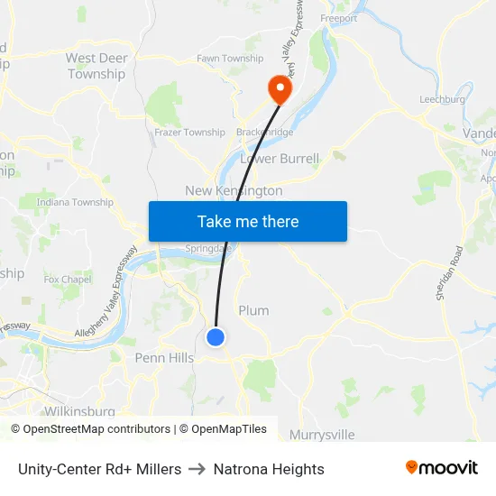Unity-Center Rd+ Millers to Natrona Heights map