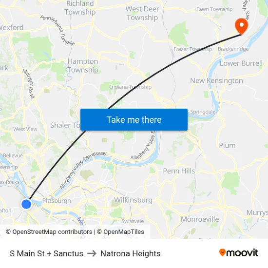 S Main St + Sanctus to Natrona Heights map