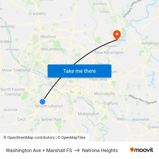 Washington Ave + Marshall FS to Natrona Heights map