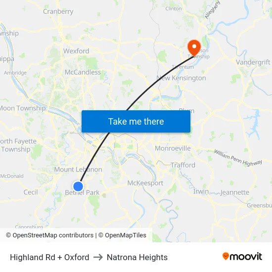Highland Rd + Oxford to Natrona Heights map