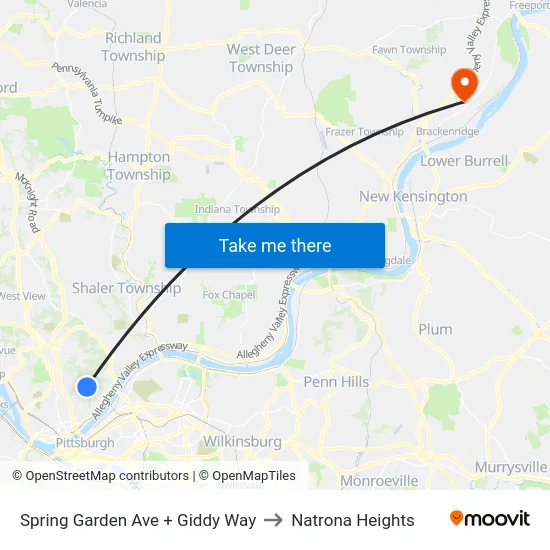 Spring Garden Ave + Giddy Way to Natrona Heights map