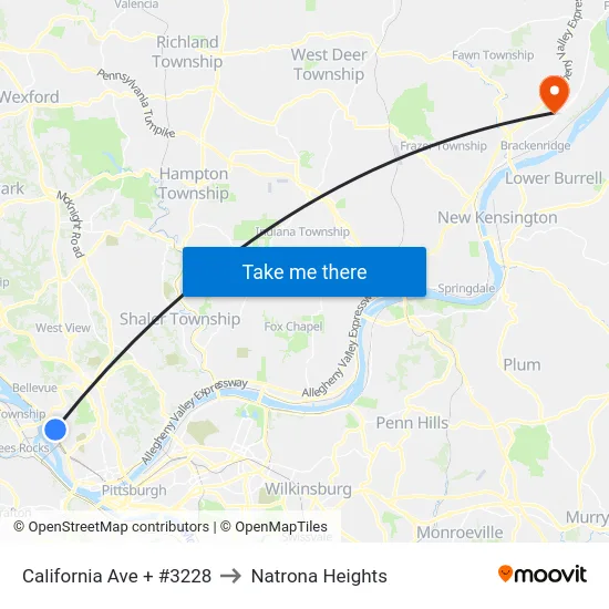 California Ave + #3228 to Natrona Heights map