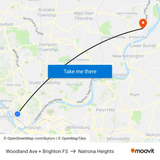 Woodland Ave + Brighton FS to Natrona Heights map