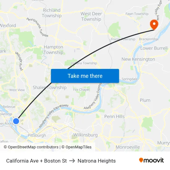 California Ave + Boston St to Natrona Heights map