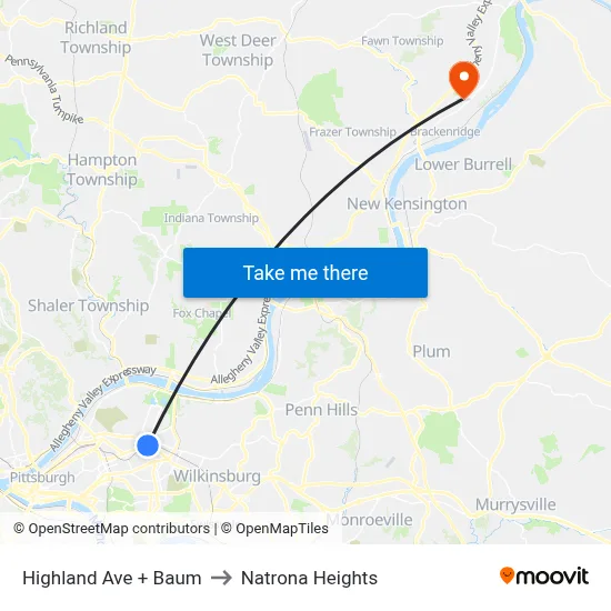 Highland Ave + Baum to Natrona Heights map