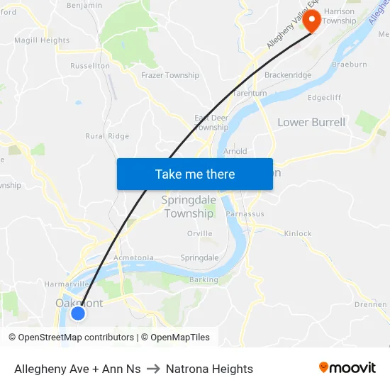 Allegheny Ave + Ann Ns to Natrona Heights map