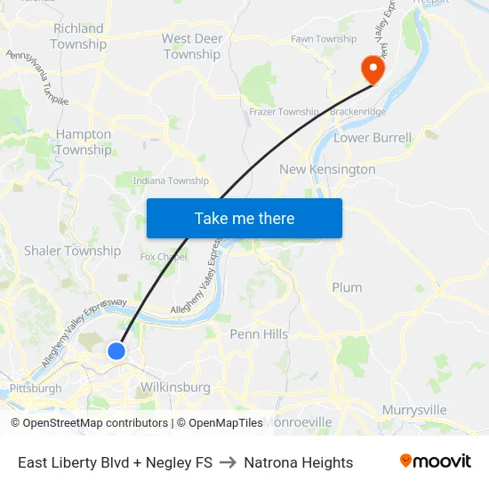 East Liberty Blvd + Negley FS to Natrona Heights map